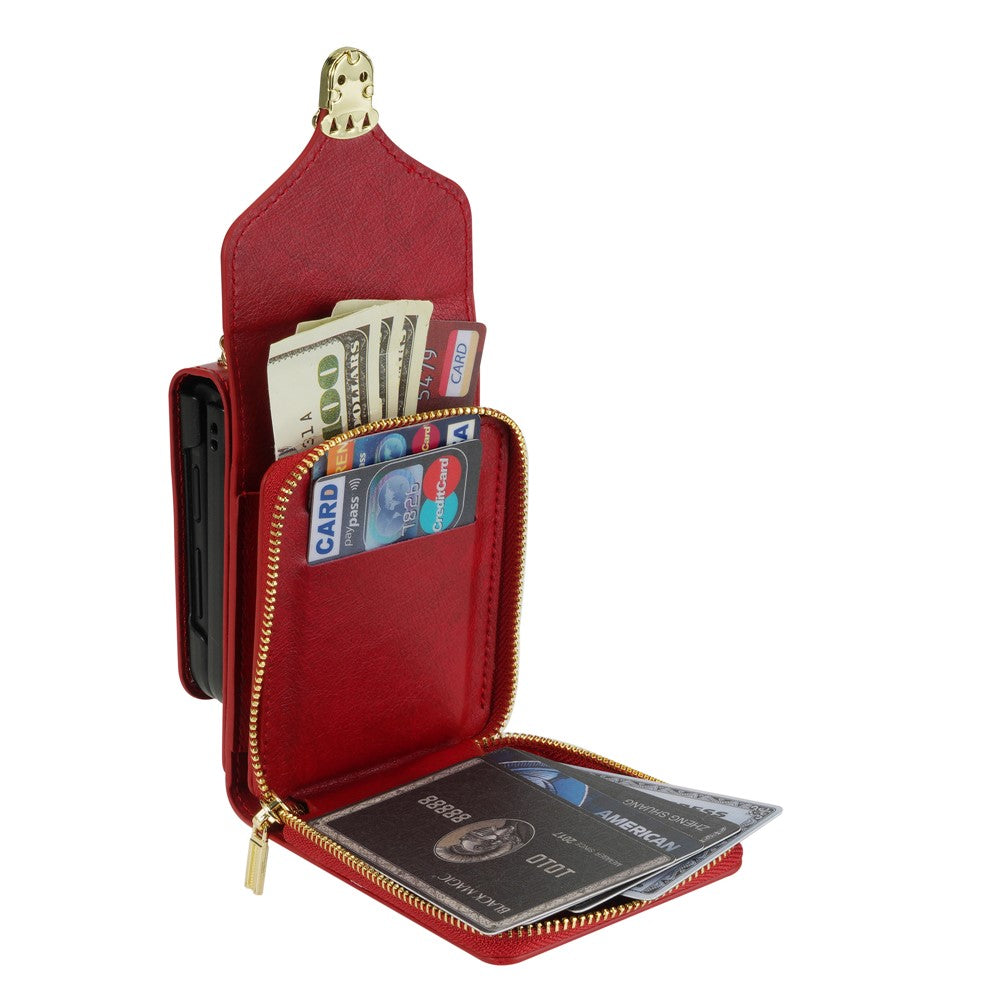 For Samsung Galaxy Z Flip7 5G Case Zipper Wallet PU Leather TPU PC Phone Cover with Shoulder Strap - Red