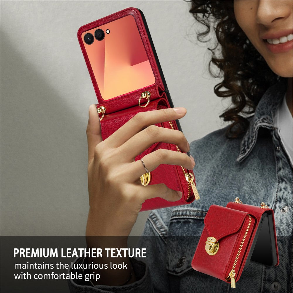 For Samsung Galaxy Z Flip7 5G Case Zipper Wallet PU Leather TPU PC Phone Cover with Shoulder Strap - Red
