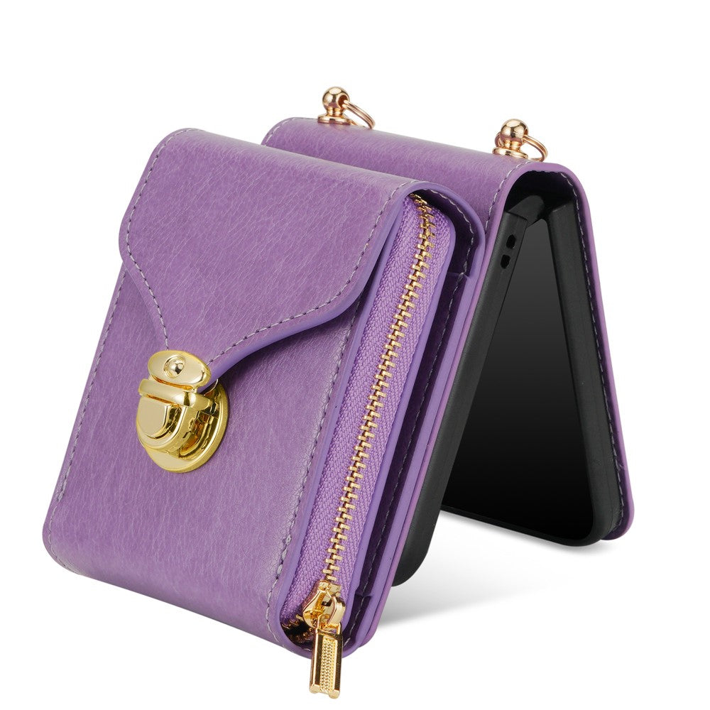 For Samsung Galaxy Z Flip7 5G Case Zipper Wallet PU Leather TPU PC Phone Cover with Shoulder Strap - Purple