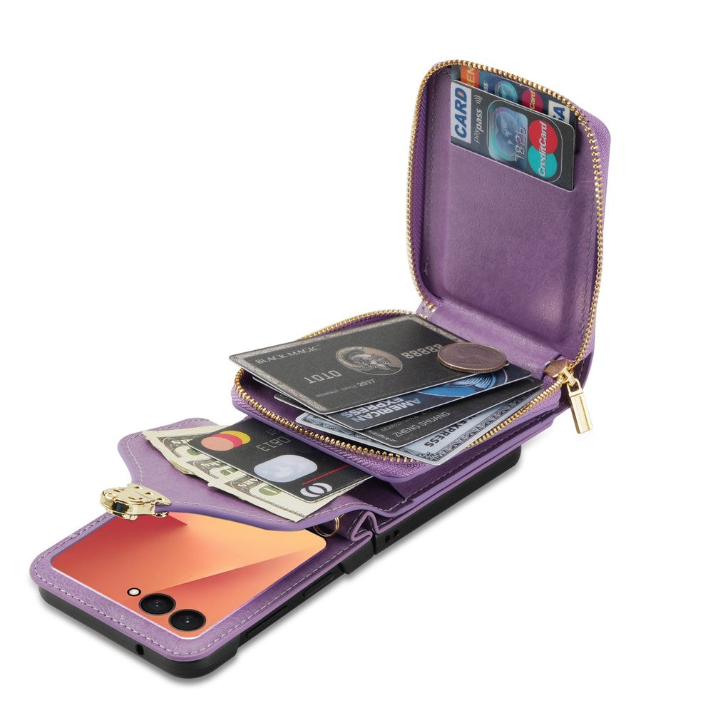For Samsung Galaxy Z Flip7 5G Case Zipper Wallet PU Leather TPU PC Phone Cover with Shoulder Strap - Purple