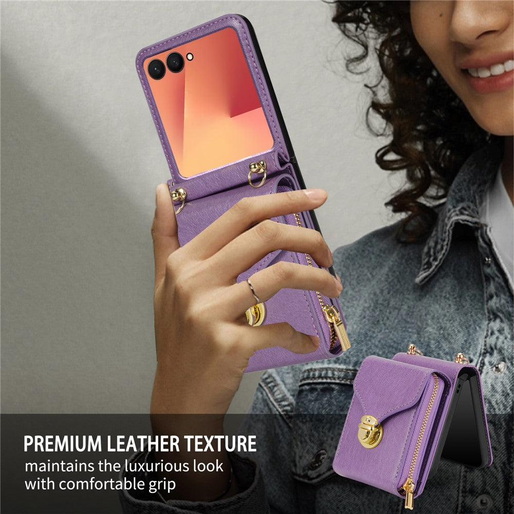 For Samsung Galaxy Z Flip7 5G Case Zipper Wallet PU Leather TPU PC Phone Cover with Shoulder Strap - Purple