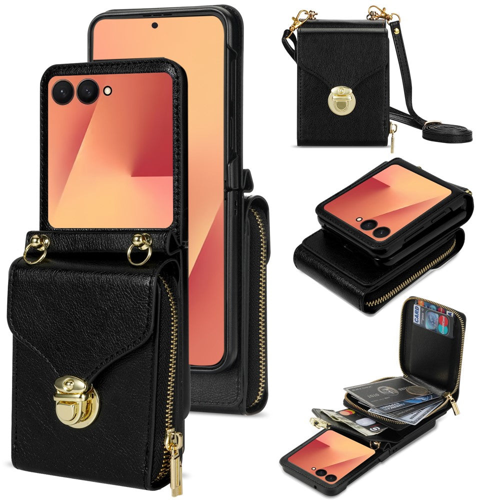 For Samsung Galaxy Z Flip7 5G Case Zipper Wallet PU Leather TPU PC Phone Cover with Shoulder Strap - Black