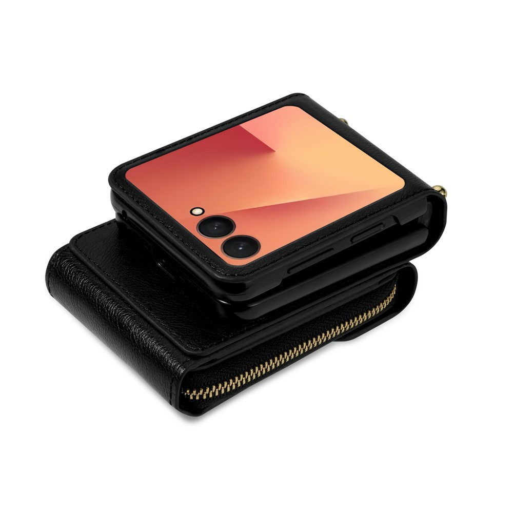 For Samsung Galaxy Z Flip7 5G Case Zipper Wallet PU Leather TPU PC Phone Cover with Shoulder Strap - Black