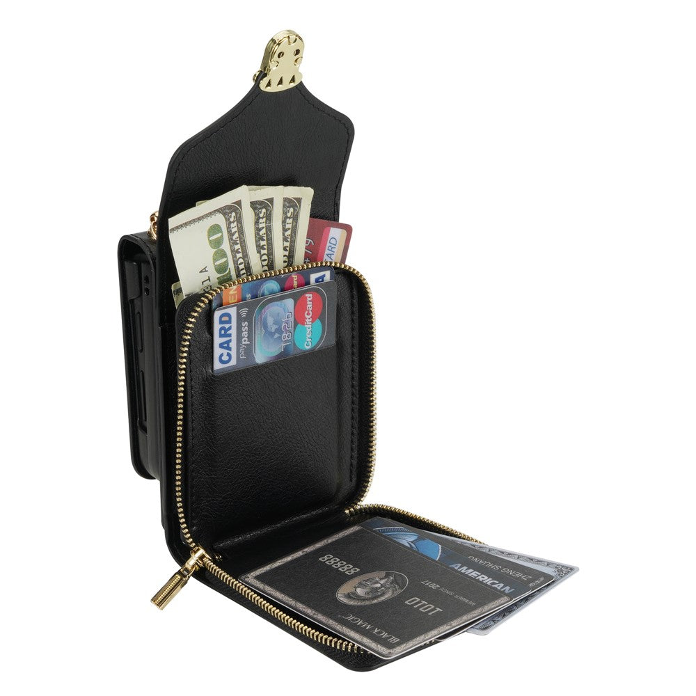 For Samsung Galaxy Z Flip7 5G Case Zipper Wallet PU Leather TPU PC Phone Cover with Shoulder Strap - Black
