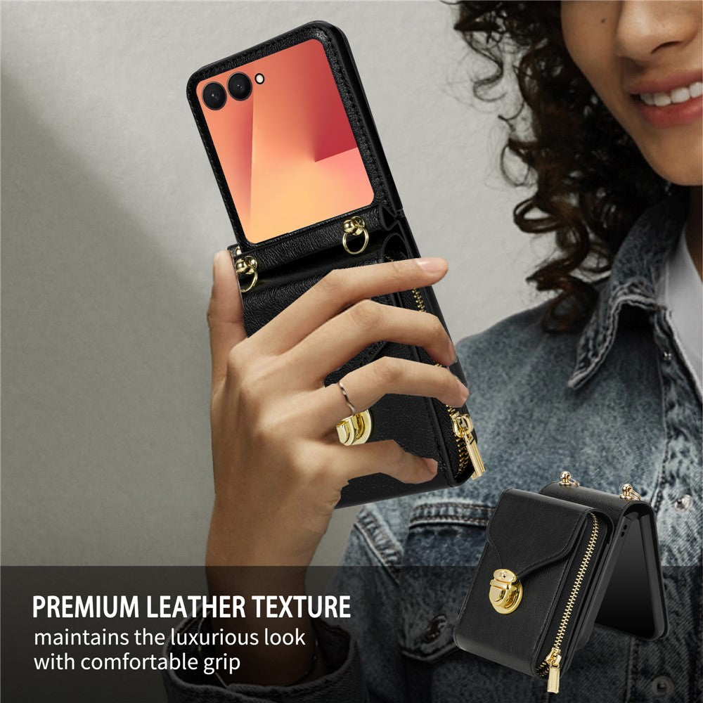 For Samsung Galaxy Z Flip7 5G Case Zipper Wallet PU Leather TPU PC Phone Cover with Shoulder Strap - Black