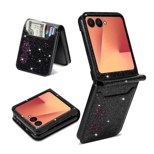 For Samsung Galaxy Z Flip7 5G Case Card Holder Starry Sky Carving PU Leather + PC Phone Cover - Black