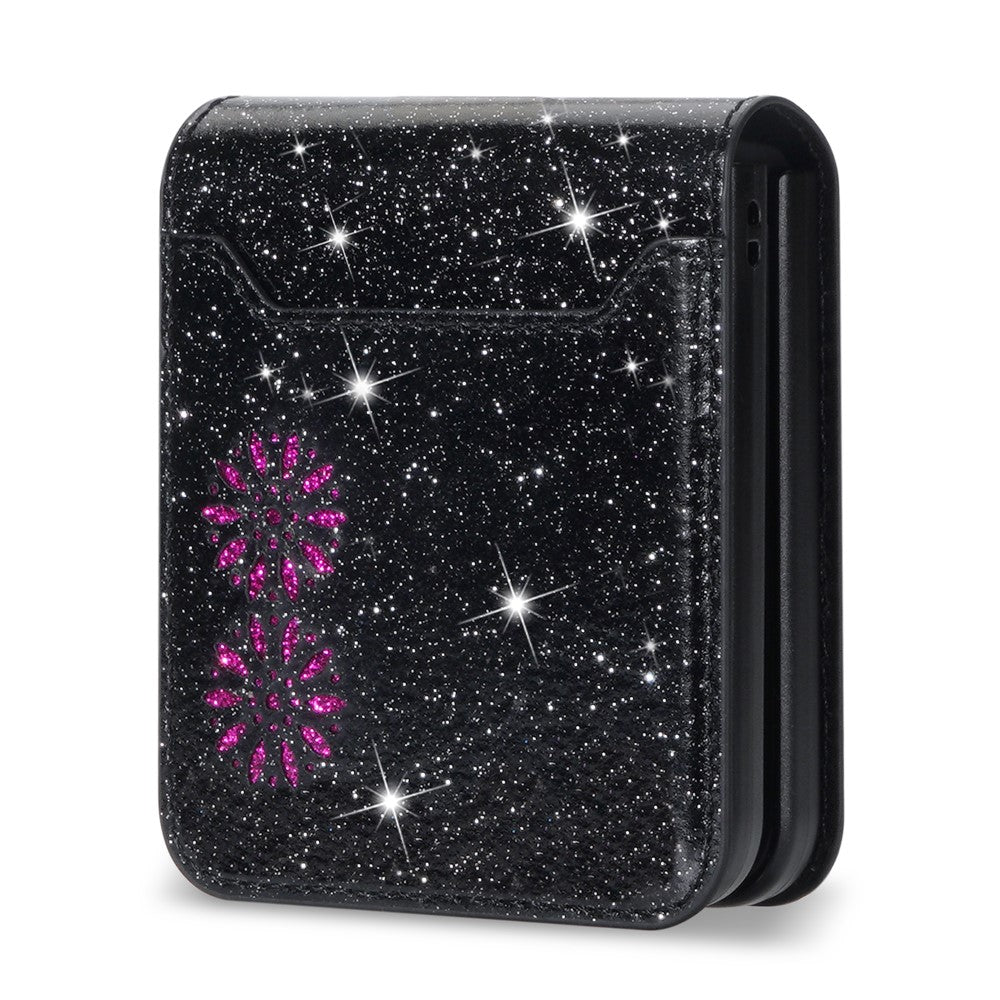 For Samsung Galaxy Z Flip7 5G Case Card Holder Starry Sky Carving PU Leather + PC Phone Cover - Black