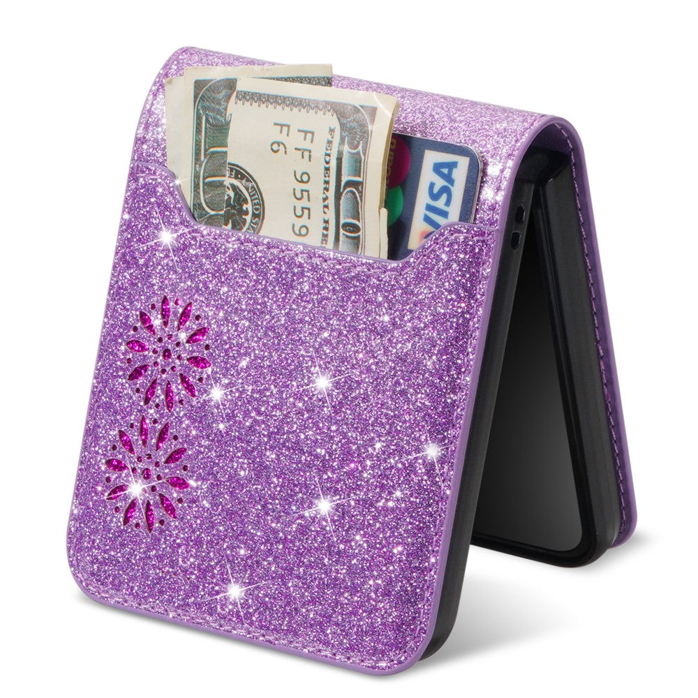 For Samsung Galaxy Z Flip7 5G Case Card Holder Starry Sky Carving PU Leather + PC Phone Cover - Purple