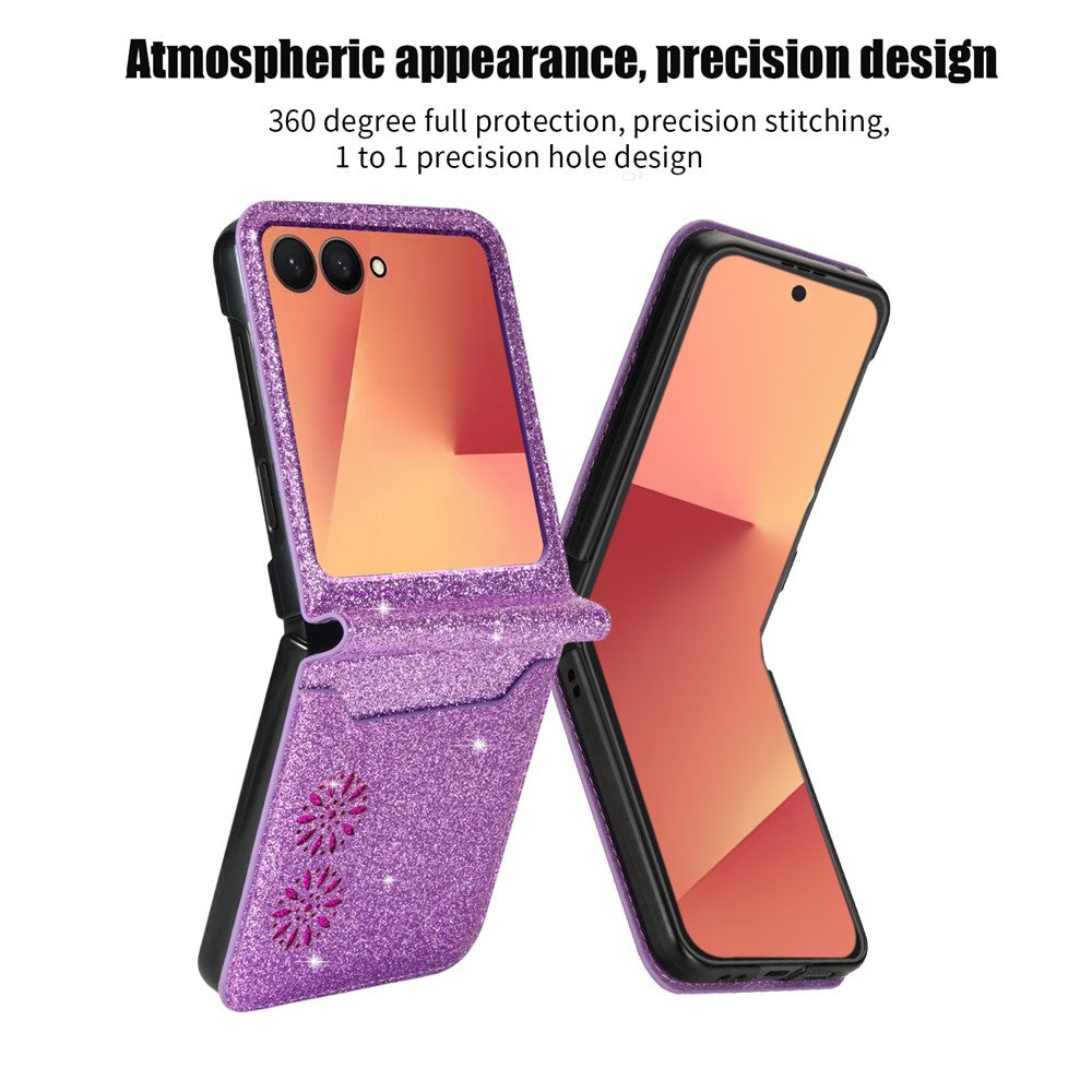 For Samsung Galaxy Z Flip7 5G Case Card Holder Starry Sky Carving PU Leather + PC Phone Cover - Purple