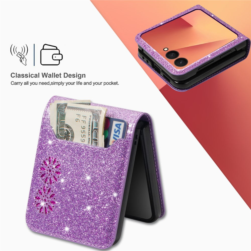 For Samsung Galaxy Z Flip7 5G Case Card Holder Starry Sky Carving PU Leather + PC Phone Cover - Purple