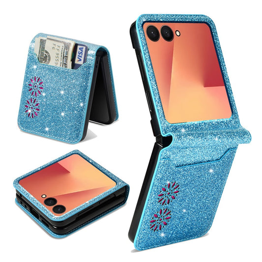 For Samsung Galaxy Z Flip7 5G Case Card Holder Starry Sky Carving PU Leather + PC Phone Cover - Blue