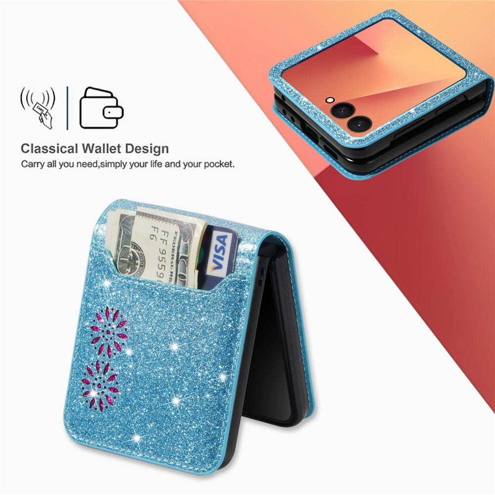 For Samsung Galaxy Z Flip7 5G Case Card Holder Starry Sky Carving PU Leather + PC Phone Cover - Blue
