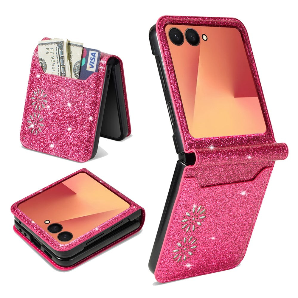 For Samsung Galaxy Z Flip7 5G Case Card Holder Starry Sky Carving PU Leather + PC Phone Cover - Rose
