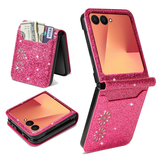 For Samsung Galaxy Z Flip7 5G Case Card Holder Starry Sky Carving PU Leather + PC Phone Cover - Rose
