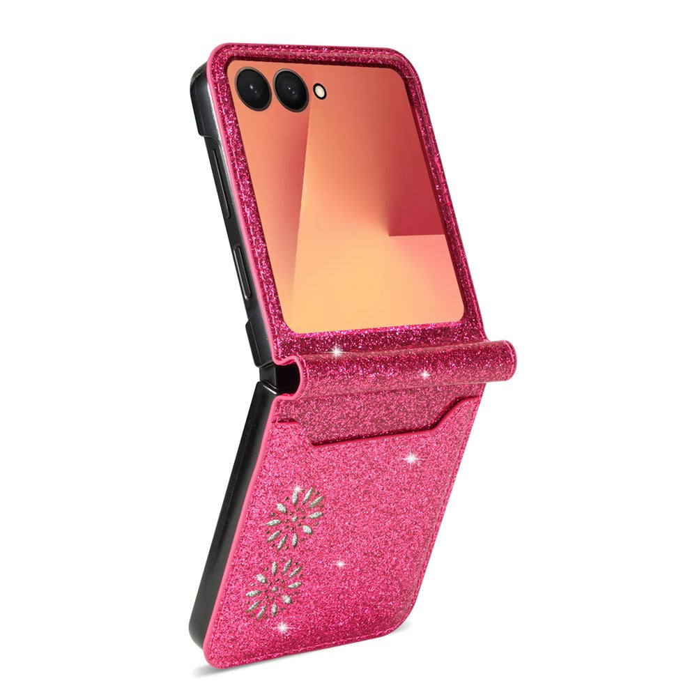 For Samsung Galaxy Z Flip7 5G Case Card Holder Starry Sky Carving PU Leather + PC Phone Cover - Rose