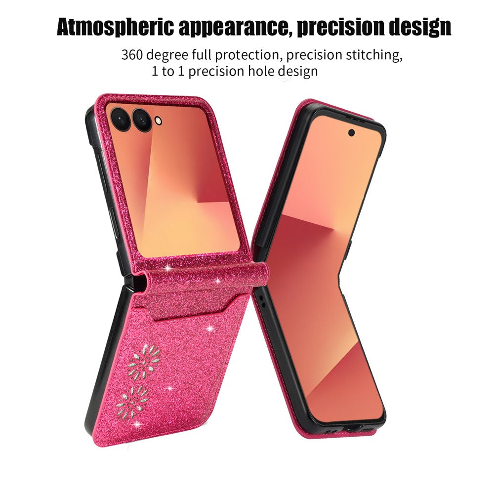 For Samsung Galaxy Z Flip7 5G Case Card Holder Starry Sky Carving PU Leather + PC Phone Cover - Rose