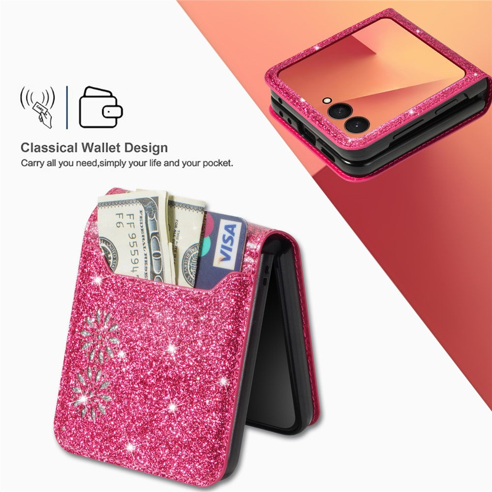 For Samsung Galaxy Z Flip7 5G Case Card Holder Starry Sky Carving PU Leather + PC Phone Cover - Rose
