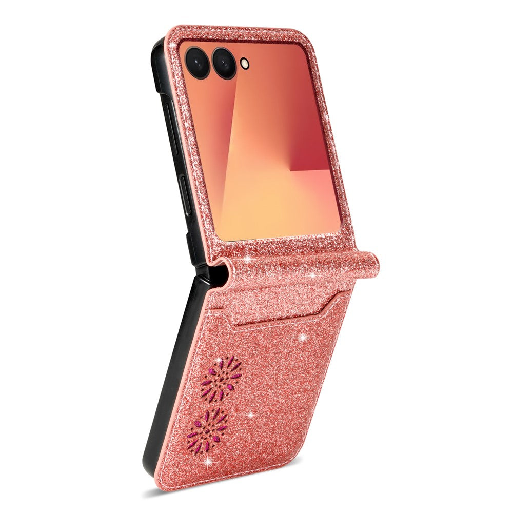 For Samsung Galaxy Z Flip7 5G Case Card Holder Starry Sky Carving PU Leather + PC Phone Cover - Rose Gold