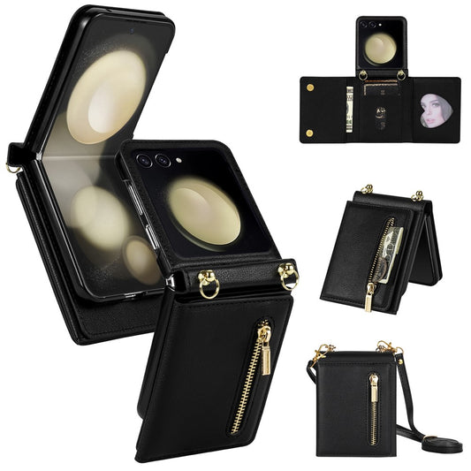 For Samsung Galaxy Z Flip7 5G Case Zipper Wallet PU + TPU + PC Phone Cover with Shoulder Strap - Black