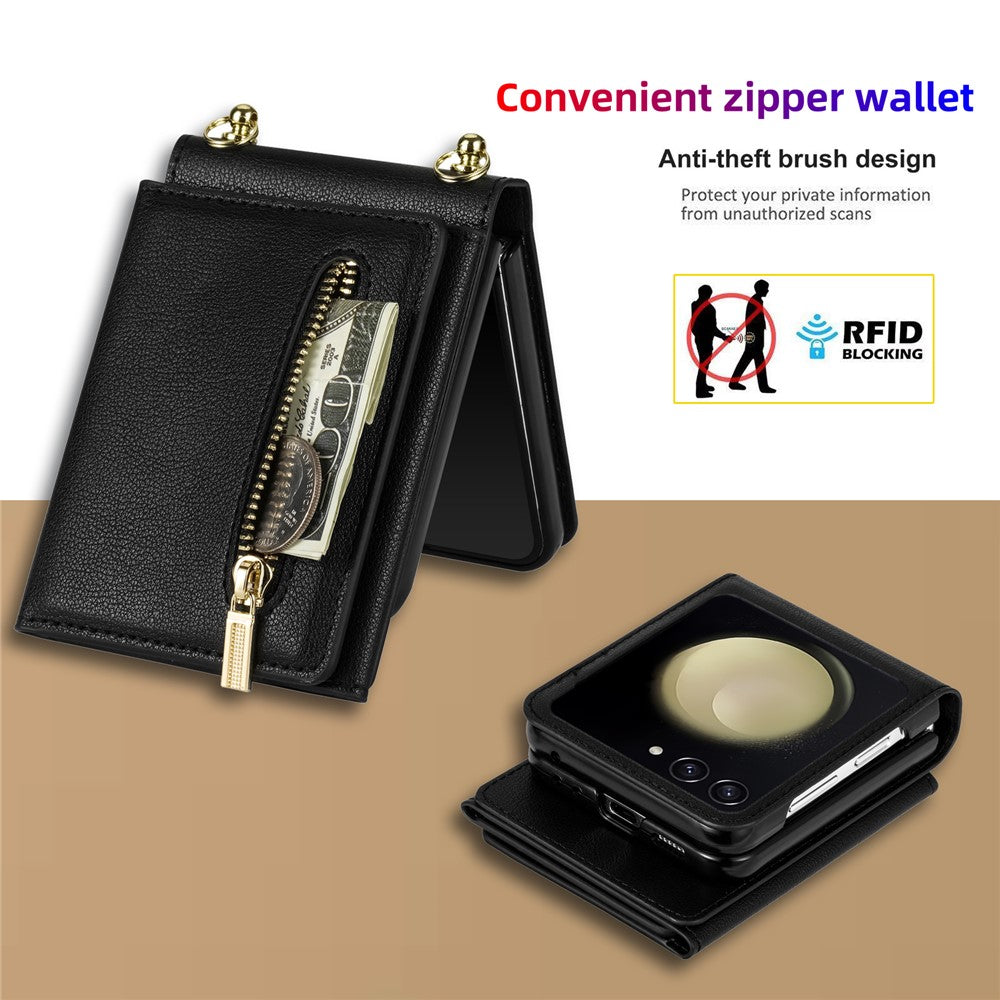 For Samsung Galaxy Z Flip7 5G Case Zipper Wallet PU + TPU + PC Phone Cover with Shoulder Strap - Black
