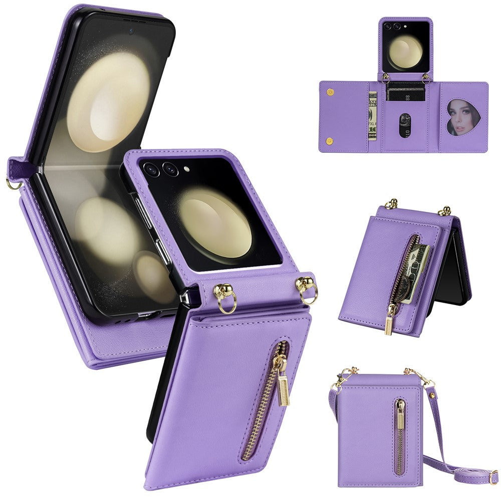 For Samsung Galaxy Z Flip7 5G Case Zipper Wallet PU + TPU + PC Phone Cover with Shoulder Strap - Purple