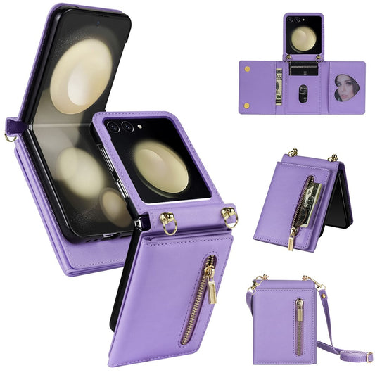 For Samsung Galaxy Z Flip7 5G Case Zipper Wallet PU + TPU + PC Phone Cover with Shoulder Strap - Purple