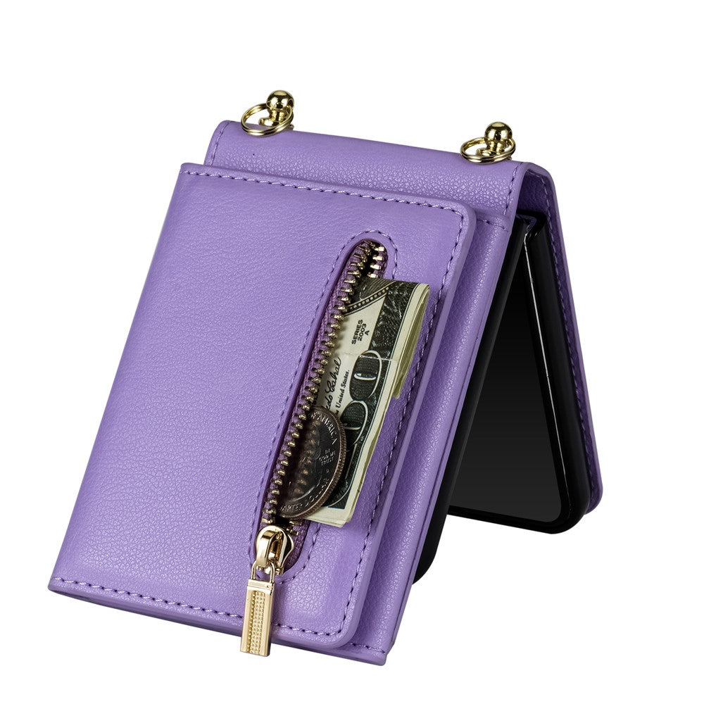 For Samsung Galaxy Z Flip7 5G Case Zipper Wallet PU + TPU + PC Phone Cover with Shoulder Strap - Purple