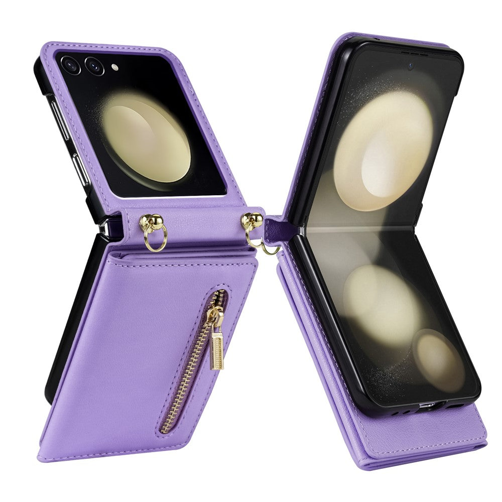 For Samsung Galaxy Z Flip7 5G Case Zipper Wallet PU + TPU + PC Phone Cover with Shoulder Strap - Purple