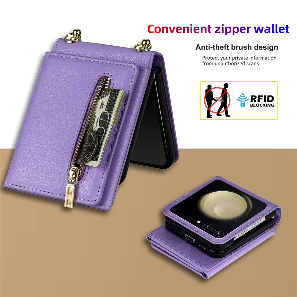 For Samsung Galaxy Z Flip7 5G Case Zipper Wallet PU + TPU + PC Phone Cover with Shoulder Strap - Purple