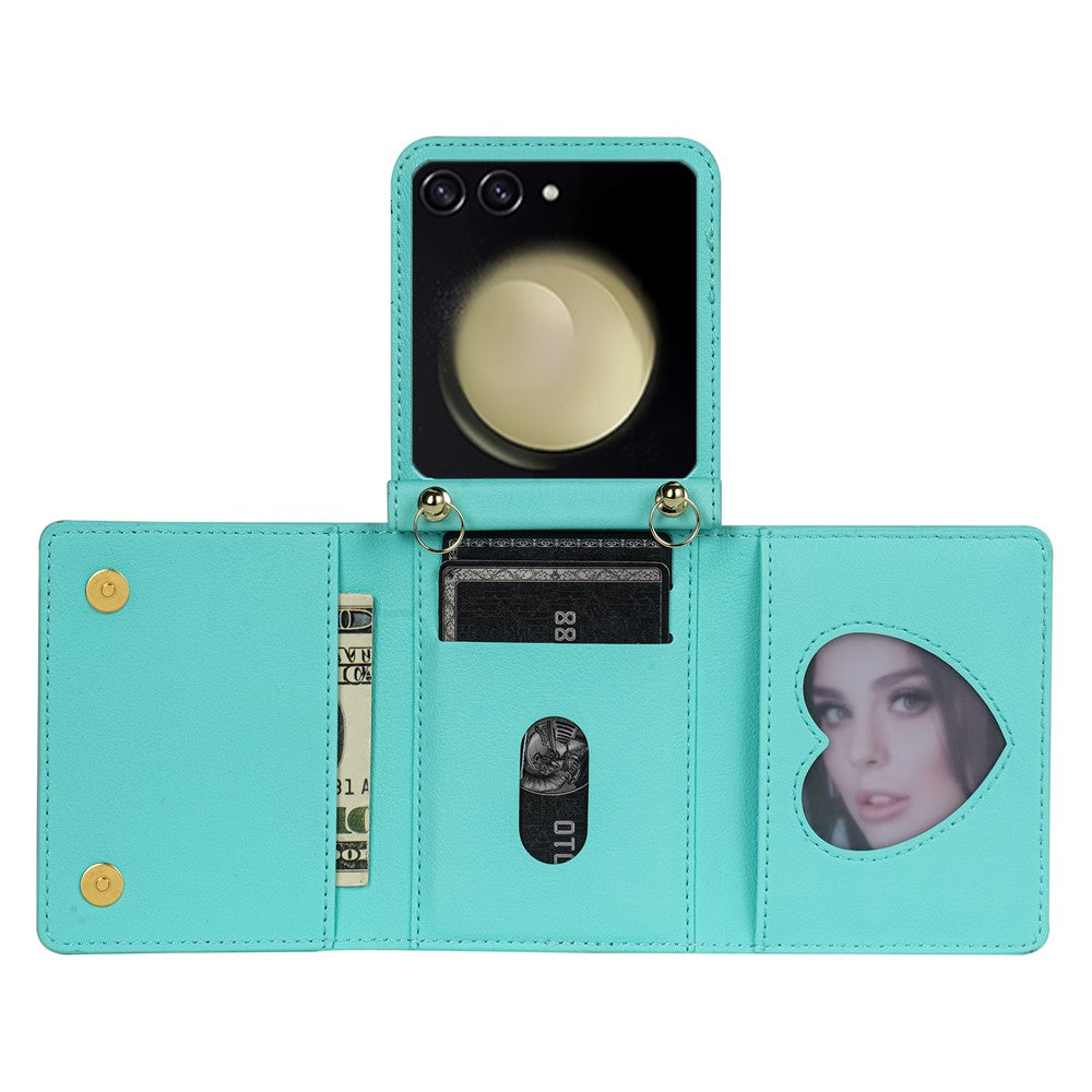 For Samsung Galaxy Z Flip7 5G Case Zipper Wallet PU + TPU + PC Phone Cover with Shoulder Strap - Mint Green