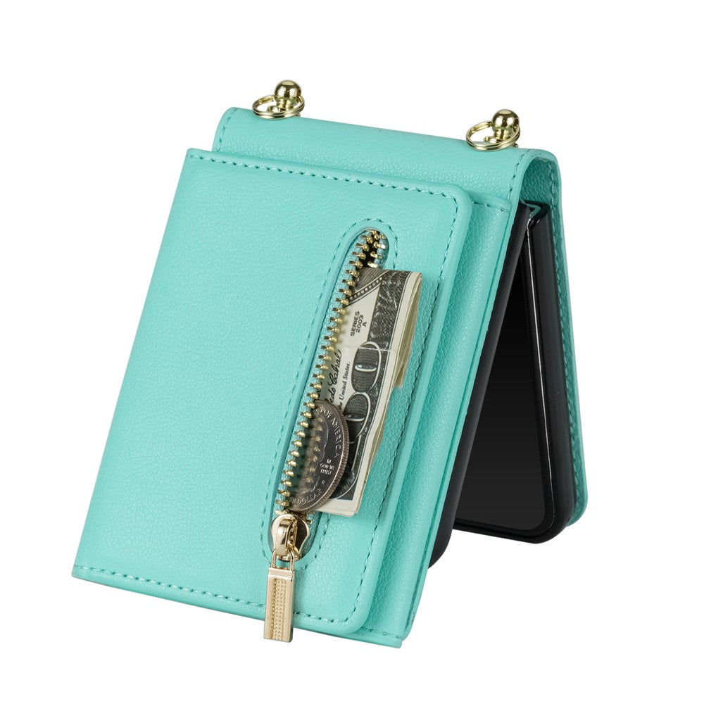 For Samsung Galaxy Z Flip7 5G Case Zipper Wallet PU + TPU + PC Phone Cover with Shoulder Strap - Mint Green
