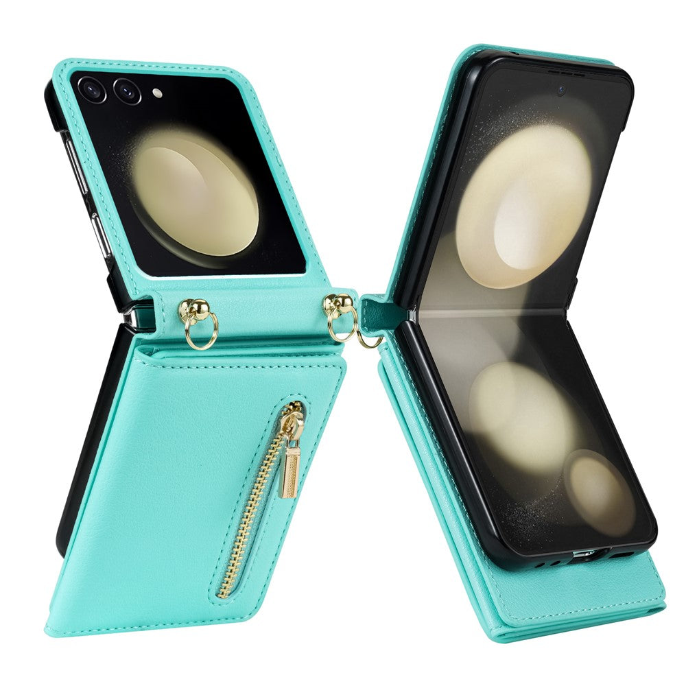 For Samsung Galaxy Z Flip7 5G Case Zipper Wallet PU + TPU + PC Phone Cover with Shoulder Strap - Mint Green