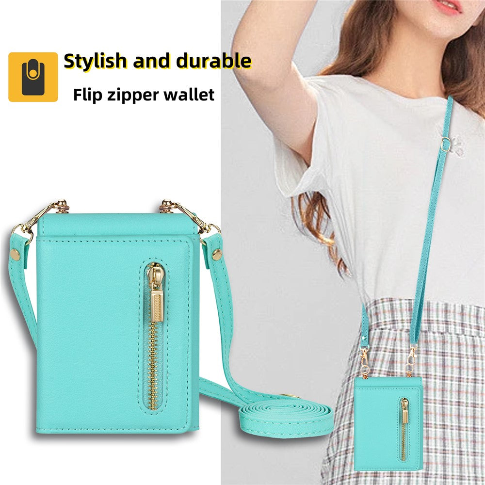 For Samsung Galaxy Z Flip7 5G Case Zipper Wallet PU + TPU + PC Phone Cover with Shoulder Strap - Mint Green
