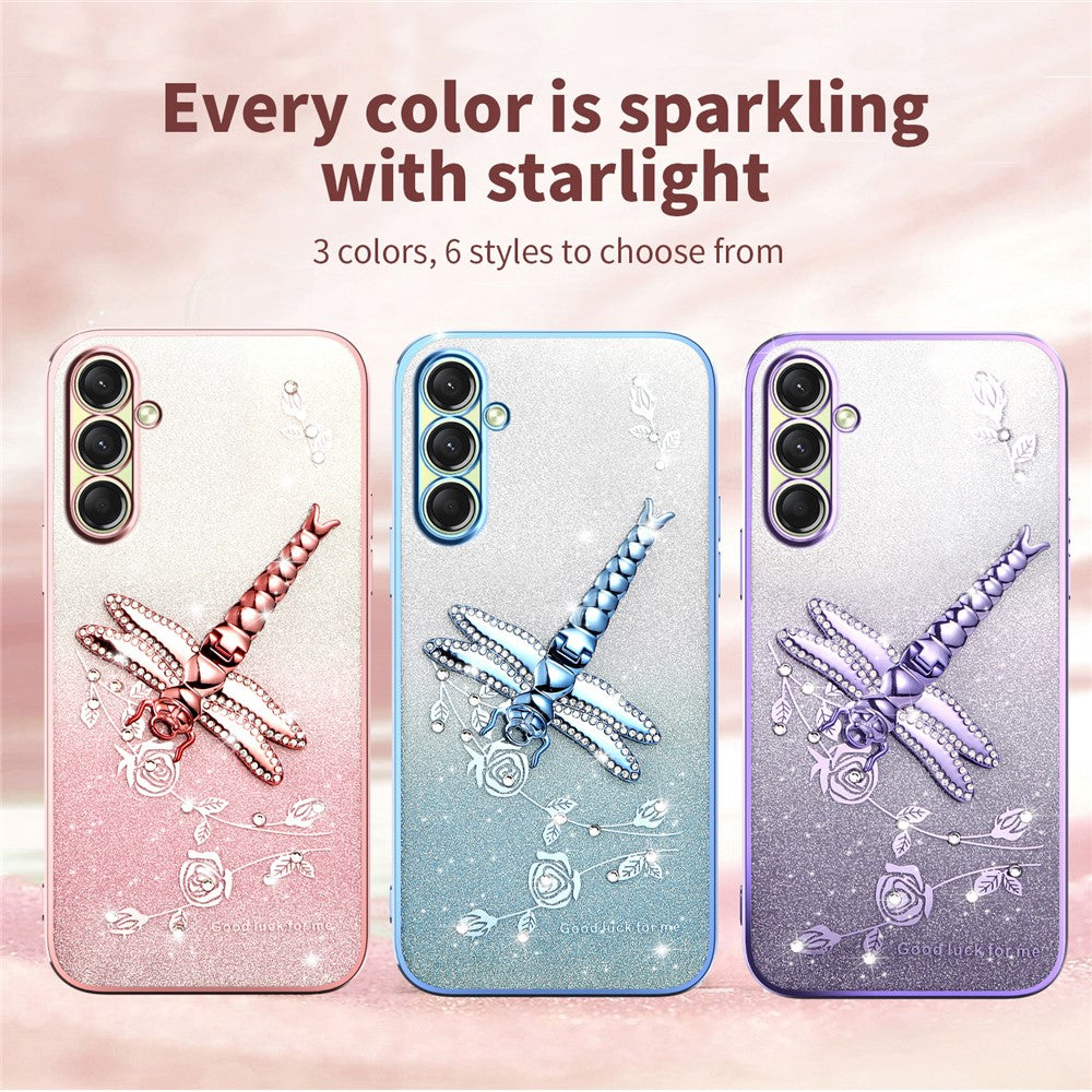 KADEM For Samsung Galaxy A17 5G Case Dragonfly Kickstand TPU Flowers Glitter Phone Cover - Blue