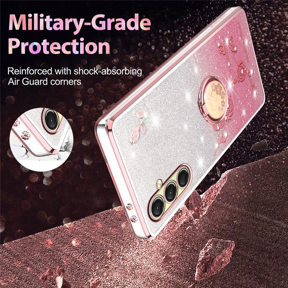 KADEM For Samsung Galaxy A17 5G Case Ring Kickstand TPU Flowers Phone Cover Gradient Glitter - Rose Gold