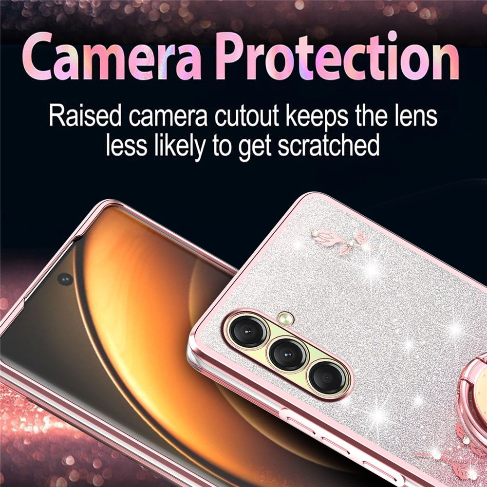 KADEM For Samsung Galaxy A17 5G Case Ring Kickstand TPU Flowers Phone Cover Gradient Glitter - Rose Gold