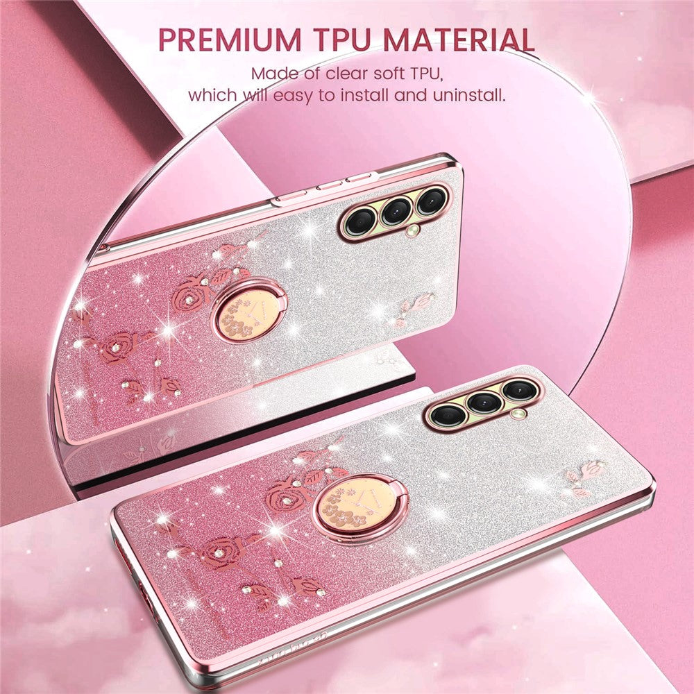 KADEM For Samsung Galaxy A17 5G Case Ring Kickstand TPU Flowers Phone Cover Gradient Glitter - Rose Gold