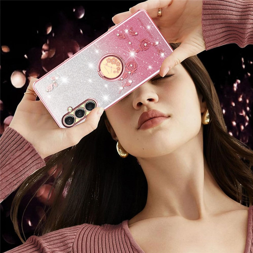 KADEM For Samsung Galaxy A17 5G Case Ring Kickstand TPU Flowers Phone Cover Gradient Glitter - Rose Gold