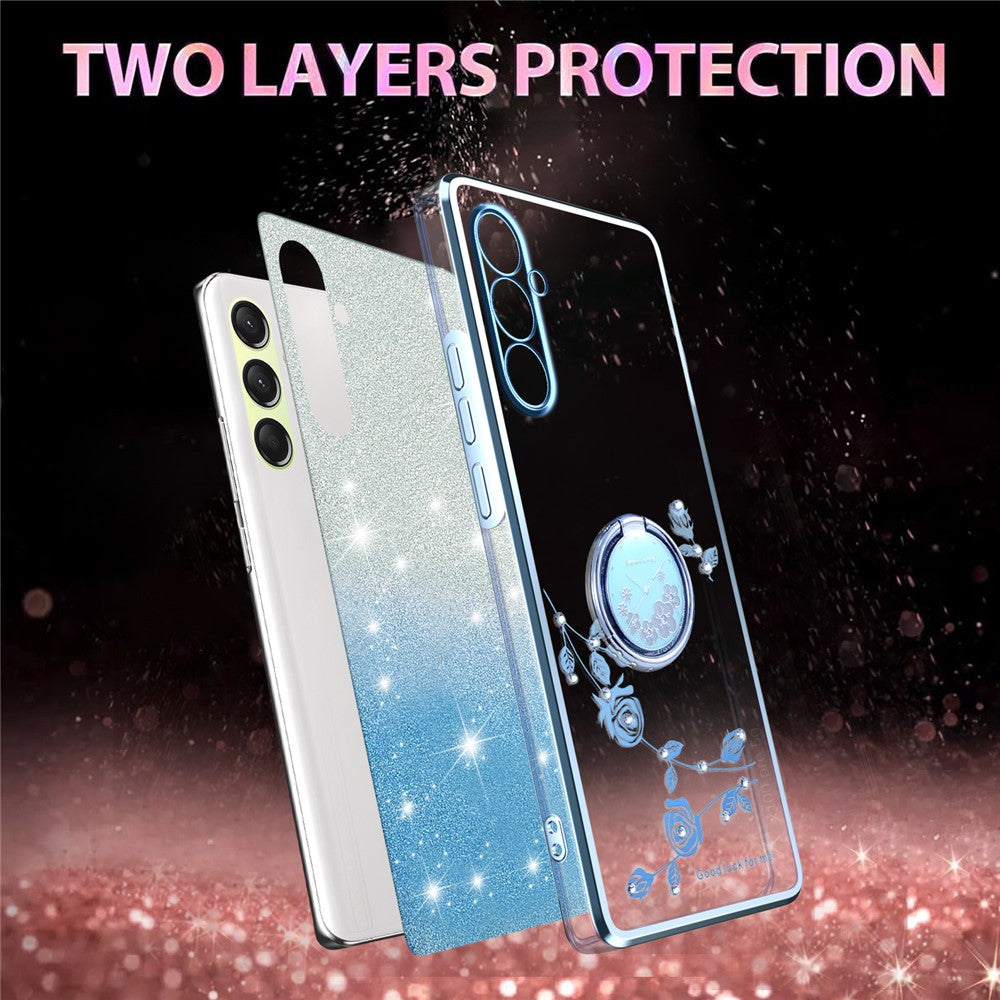 KADEM For Samsung Galaxy A17 5G Case Ring Kickstand TPU Flowers Phone Cover Gradient Glitter - Blue
