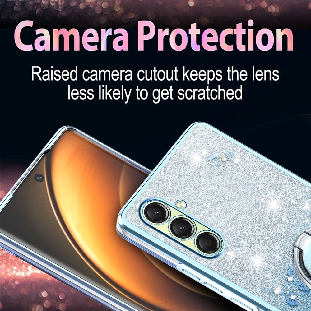 KADEM For Samsung Galaxy A17 5G Case Ring Kickstand TPU Flowers Phone Cover Gradient Glitter - Blue