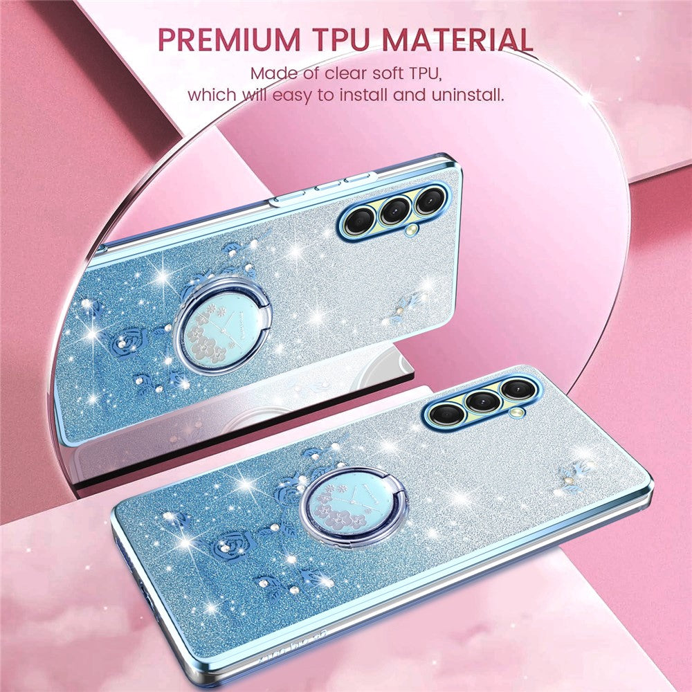 KADEM For Samsung Galaxy A17 5G Case Ring Kickstand TPU Flowers Phone Cover Gradient Glitter - Blue