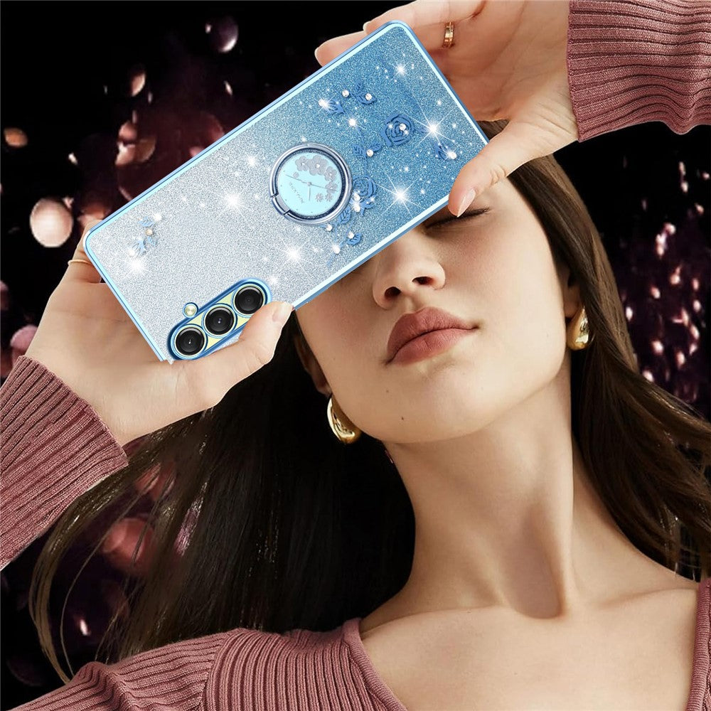 KADEM For Samsung Galaxy A17 5G Case Ring Kickstand TPU Flowers Phone Cover Gradient Glitter - Blue
