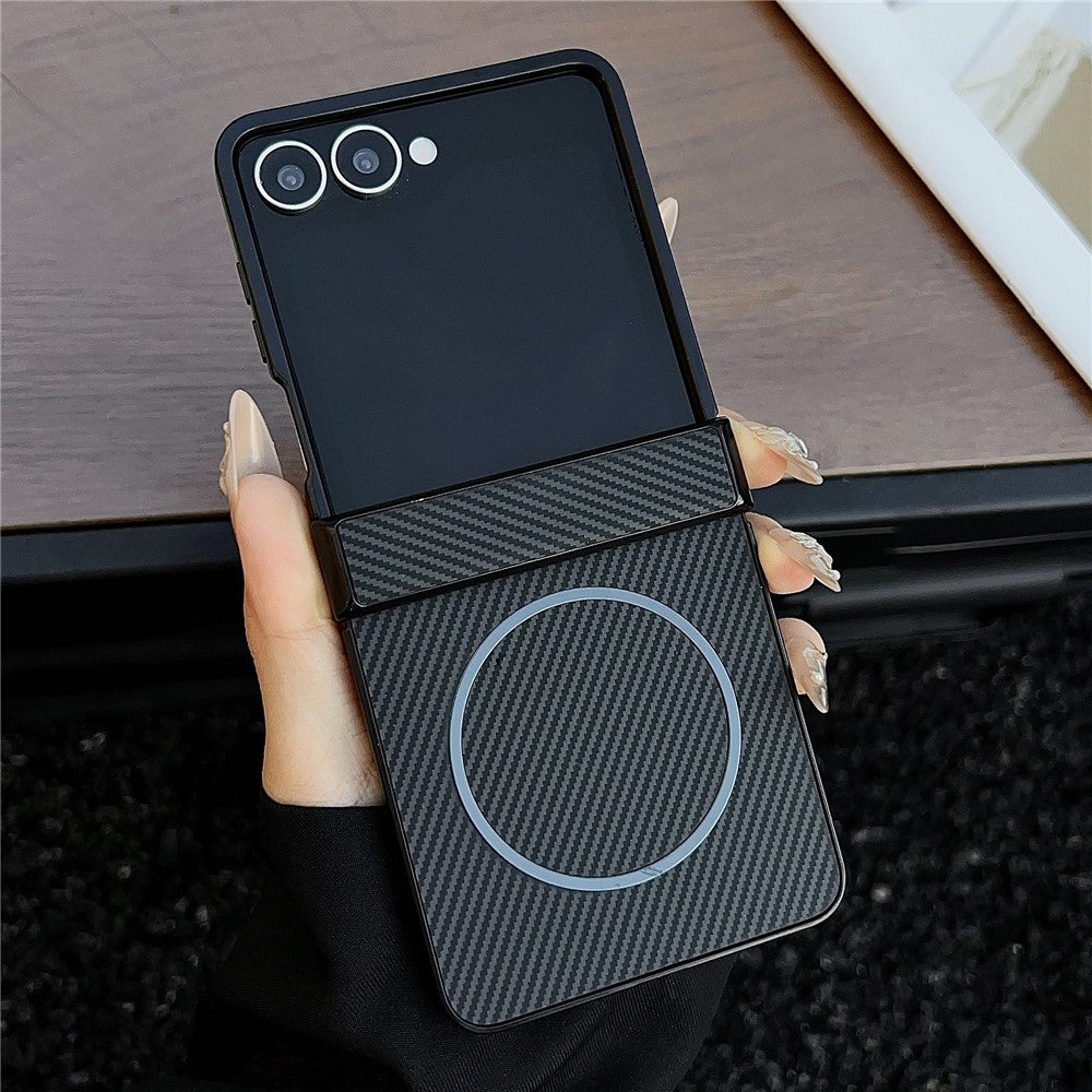 For Samsung Galaxy Z Flip7 5G Cover Compatible with MagSafe Carbon Fiber Texture Folding Phone Case - Black