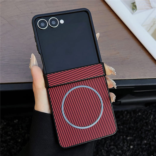 For Samsung Galaxy Z Flip7 5G Cover Compatible with MagSafe Carbon Fiber Texture Folding Phone Case - Red
