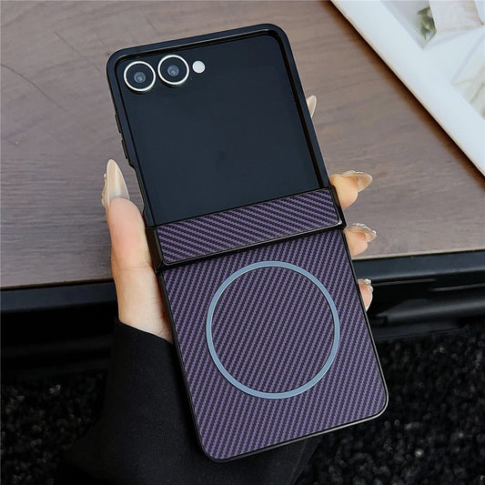 For Samsung Galaxy Z Flip7 5G Cover Compatible with MagSafe Carbon Fiber Texture Folding Phone Case - Purple