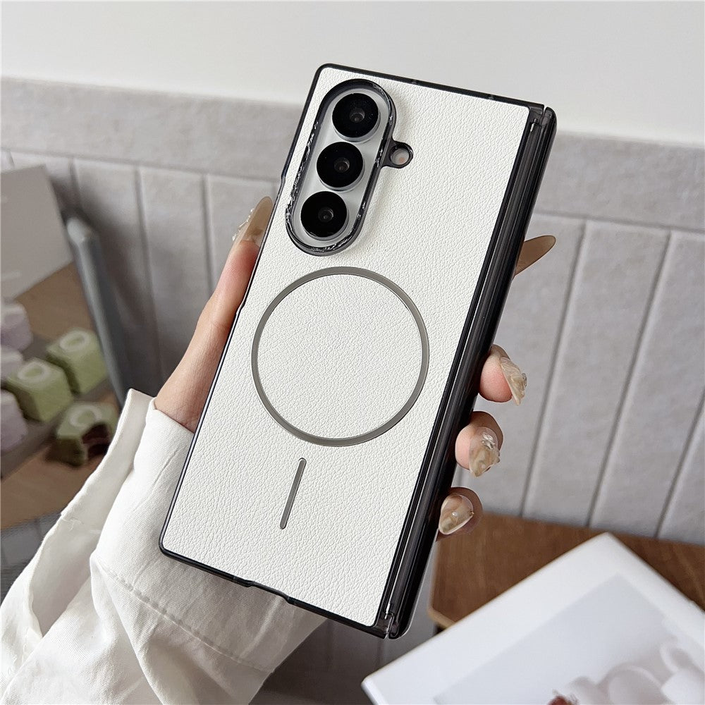 For Samsung Galaxy Z Fold7 5G Phone Case Compatible with MagSafe Leather + PC Protective Cover - White