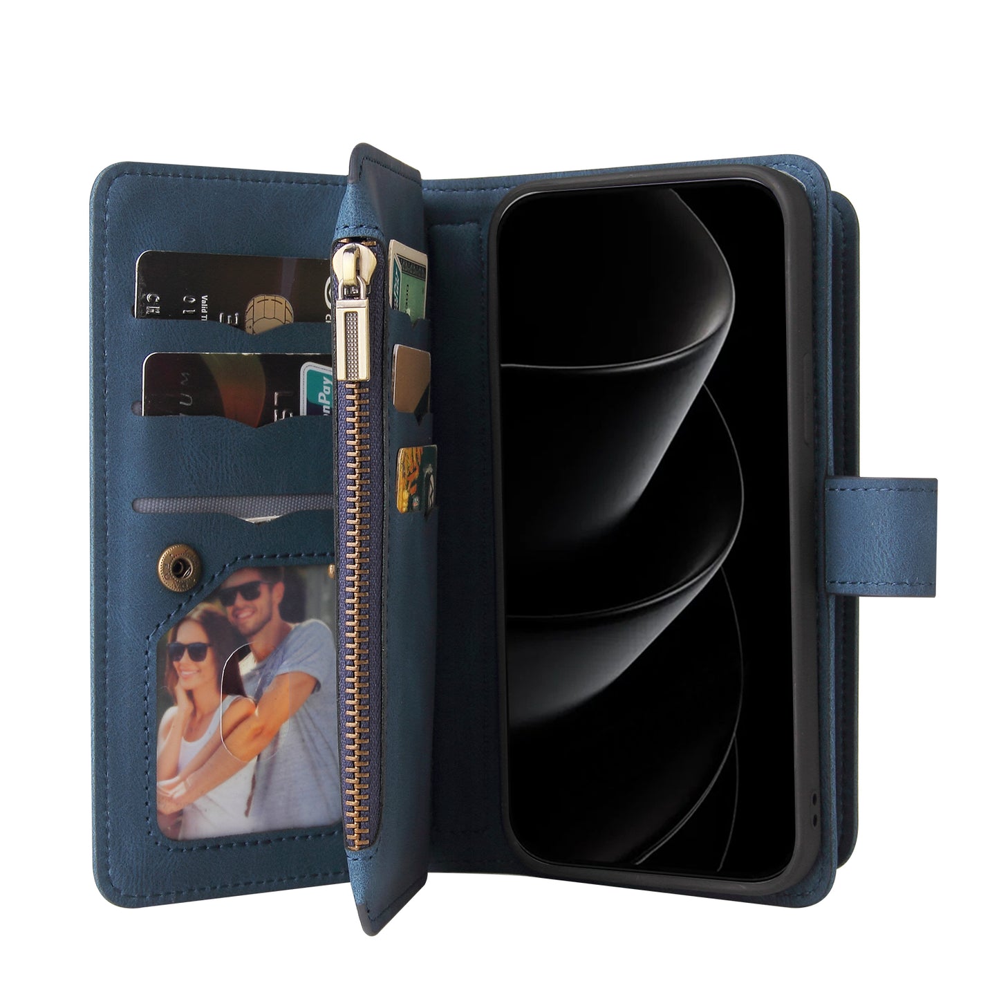 For iPhone 17 Pro Max Zipper Wallet Case with 15 Card Slots and Strap Leather Phone Cover - Blue