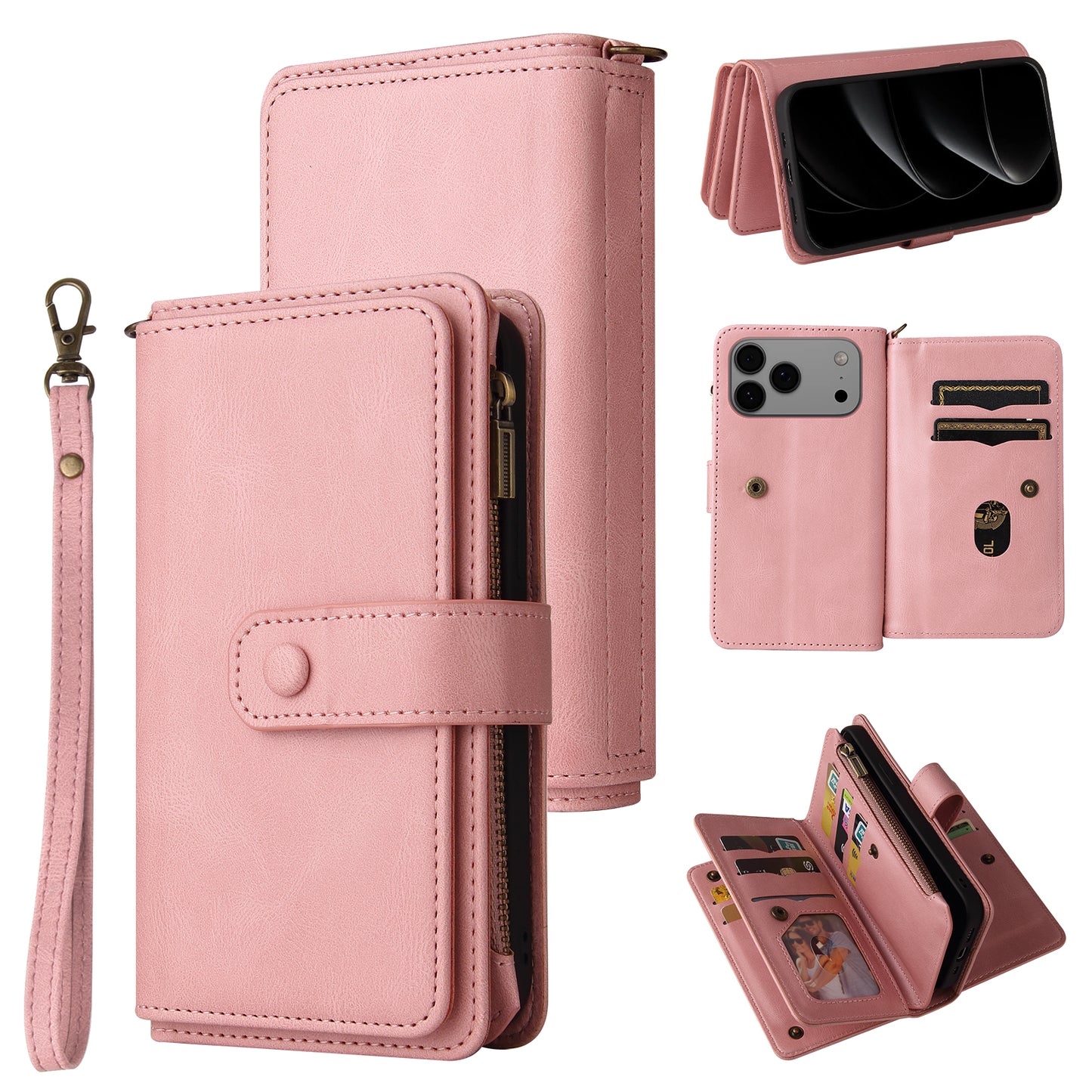 For iPhone 17 Pro Max Zipper Wallet Case with 15 Card Slots and Strap Leather Phone Cover - Pink