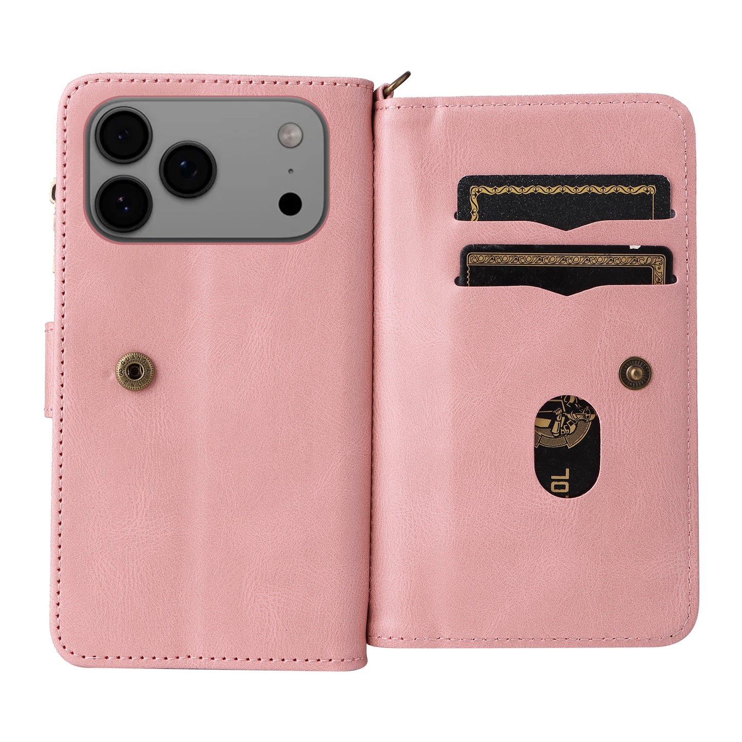 For iPhone 17 Pro Max Zipper Wallet Case with 15 Card Slots and Strap Leather Phone Cover - Pink