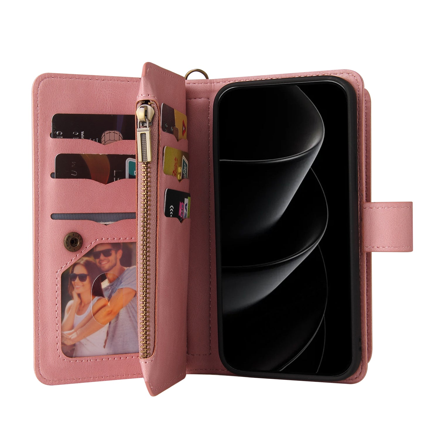 For iPhone 17 Pro Max Zipper Wallet Case with 15 Card Slots and Strap Leather Phone Cover - Pink